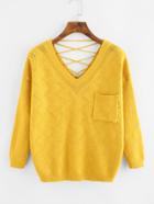 Romwe V Neckline Lace Up Chest Pocket Sweater
