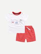 Romwe Three Dogs Tee And Striped Shorts