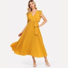 Romwe Ruffle Trim Pleated Wrap Dress