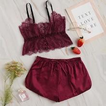 Romwe Eyelash Lace Cami Top With Satin Shorts