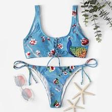 Romwe Lace-up Tie Side Random Floral Bikini Set