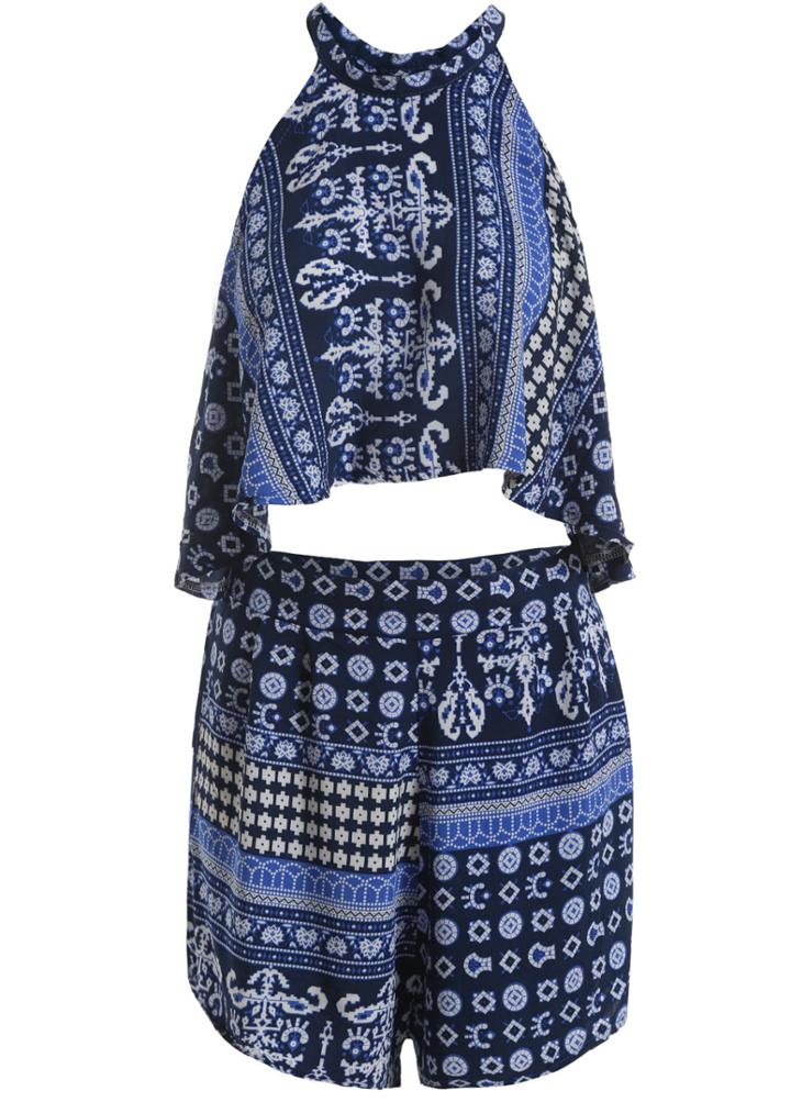 Romwe Halter Vintage Print Top With Shorts