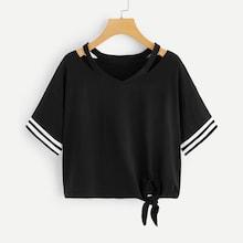 Romwe Varsity Stripe Knot Front Tee