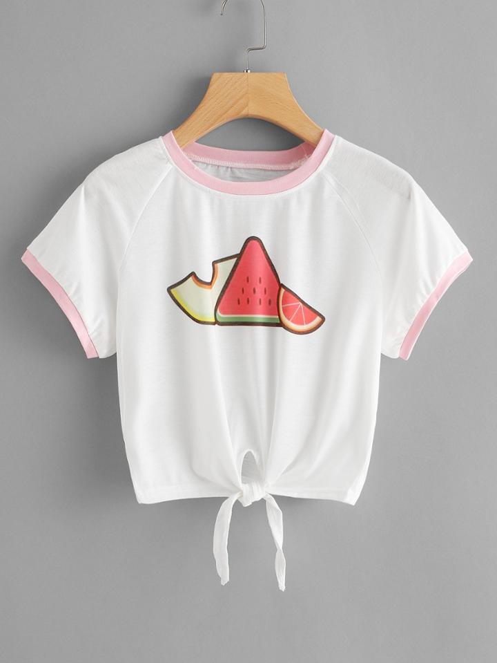 Romwe Watermelon Print Knot Hem Crop Tee