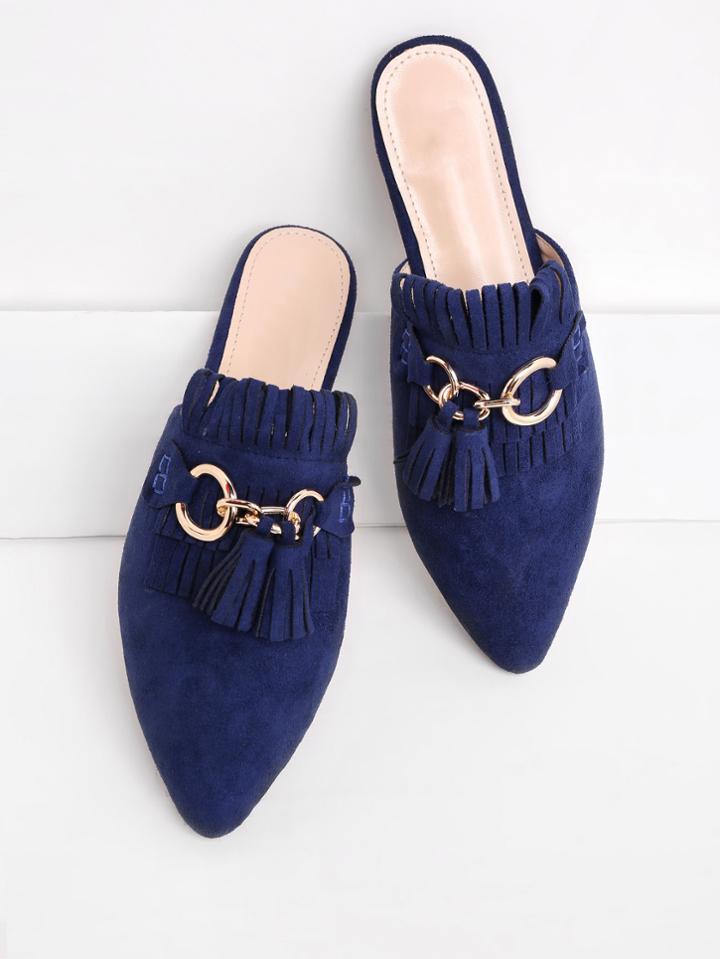 Romwe Tassel Detail Pointed Toe Flat Mules