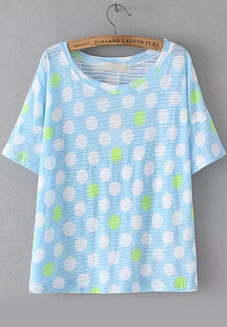 Romwe Polka Dot Blue T-shirt