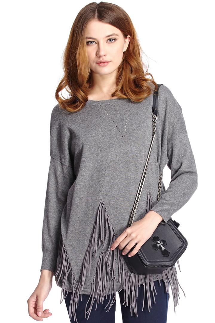 Romwe Romwe Asymmetric Tasseled Grey Jumper