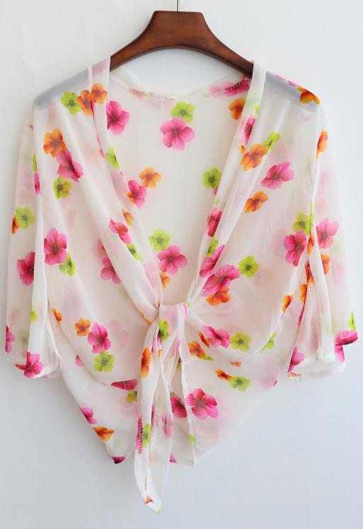 Romwe Bell Sleeve Flower Print Chiffon Beige Top