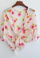 Romwe Bell Sleeve Flower Print Chiffon Beige Top