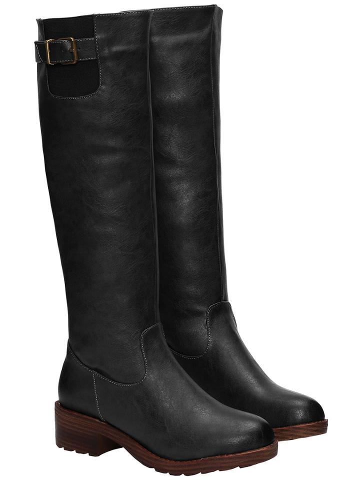 Romwe Black Round Toe Buckle Tall Pu Boots