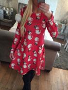 Romwe Red Crew Neck Snowman Print Christmas Dress