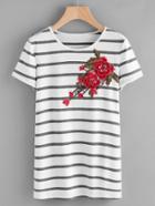 Romwe Embroidered Appliques Striped Tee