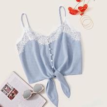 Romwe Lace Trim Button Front Knot Hem Cami Top
