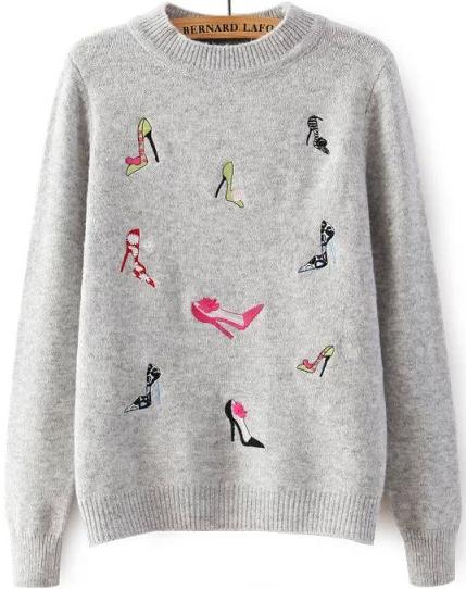 Romwe High-heeled Shoes Embroidered Grey Sweater