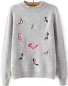 Romwe High-heeled Shoes Embroidered Grey Sweater