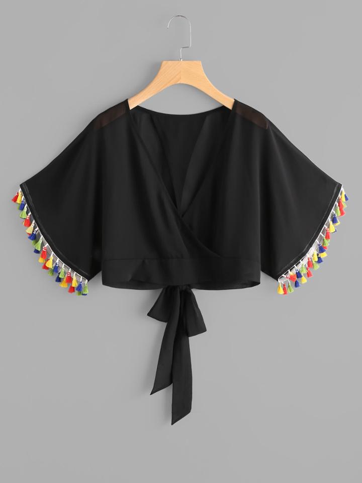 Romwe Wrap V Neckline Fringe Trim Tie Back Top