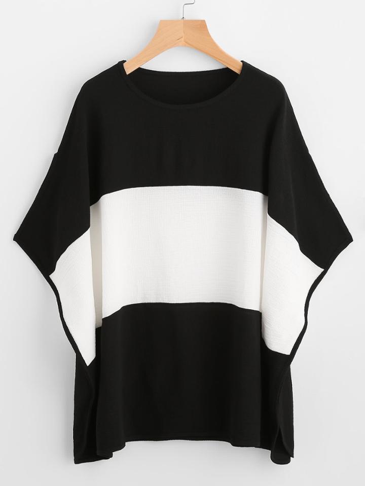 Romwe Color Block Wide Striped Batwing Sleeve Tee