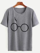 Romwe Heather Grey Glasses Print T-shirt