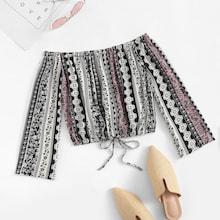 Romwe Geo Print Knot Front Blouse