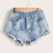 Romwe Bleach Wash Raw Hem Zipper Denim Shorts