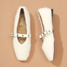 Romwe Buckle Strap Square Toe Fuzzy Flats