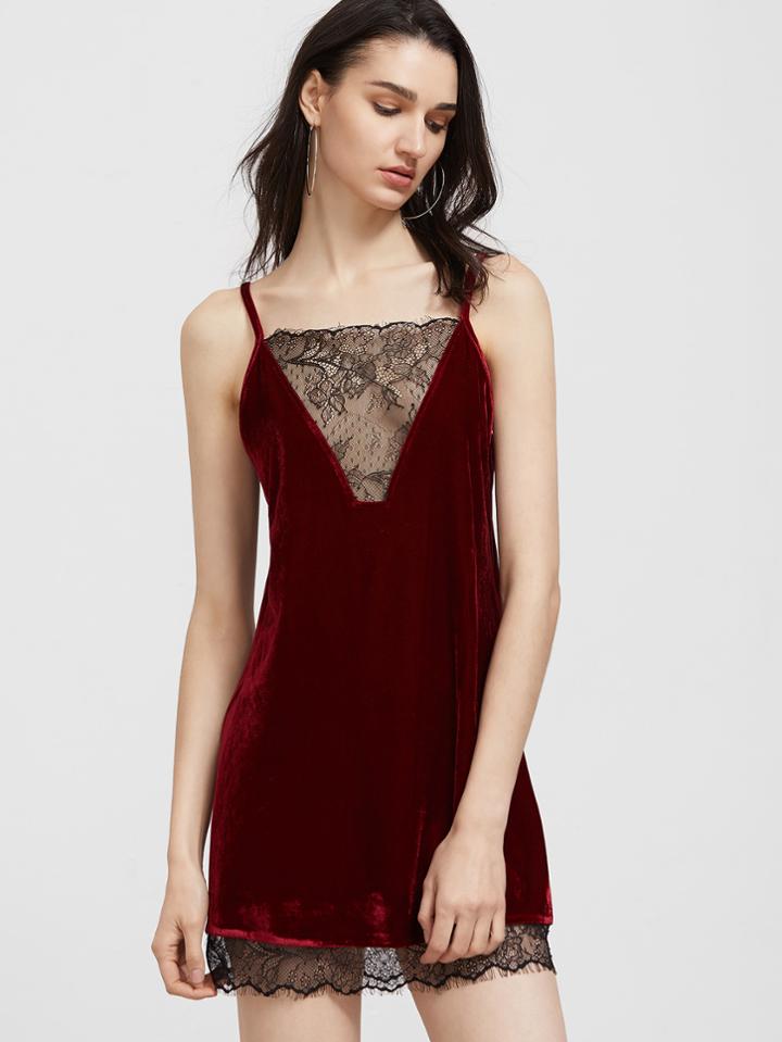 Romwe Contrast Lace Trim Strappy Back Velvet Cami Dress