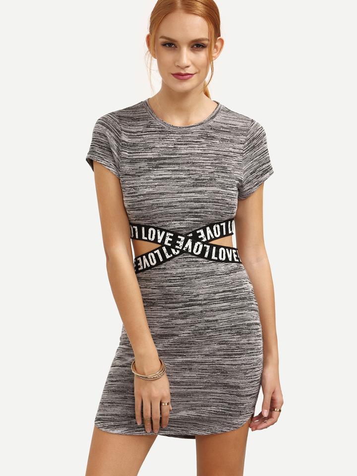 Romwe Grey Letters Print Cutout Cap Sleeve Dress