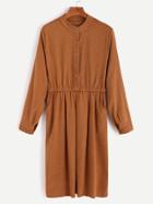 Romwe Khaki Band Collar Half Placket Pocket Shirt Dress