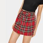 Romwe Tartan Belted Paperbag Waist Mini Skirt