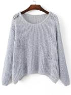 Romwe Grey Hollow Out Long Sleeve Batwing Sweater
