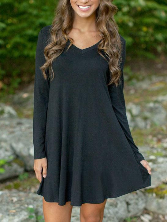 Romwe V Neck Long Sleeve A-line Dress