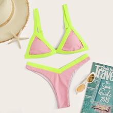 Romwe Contrast Trim Triangle Top With High Leg Bikini