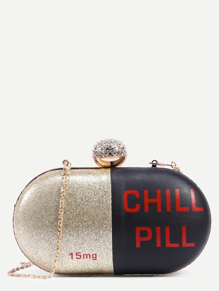 Romwe Black Pill Shaped Clutch With Rhinestone Ball Closure