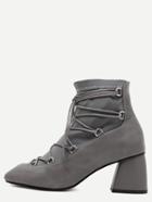 Romwe Grey Faux Leather Square Toe Ghillie Ankle Boots
