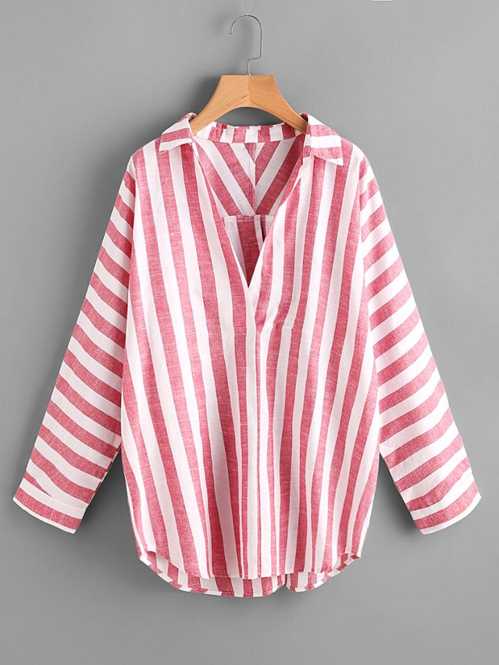 Romwe Buttoned Back Striped Plunge Blouse