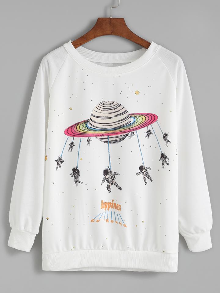 Romwe White Space Print Raglan Sleeve Sweatshirt