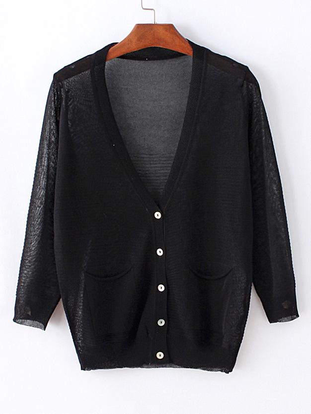 Romwe Black Collarless Buttons Front Pockets Coat