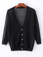 Romwe Black Collarless Buttons Front Pockets Coat