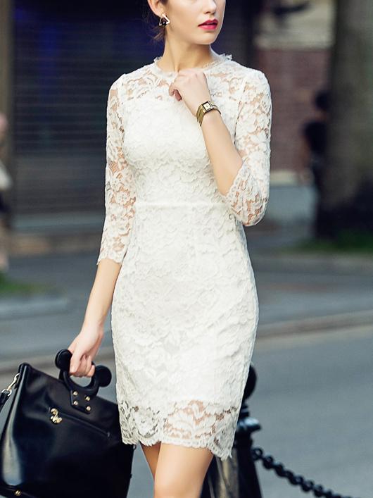 Romwe Round Neck Embroidered Lace White Dress