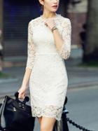 Romwe Round Neck Embroidered Lace White Dress