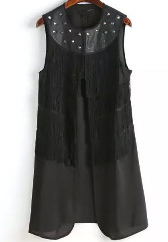 Romwe Black Contrast Pu Leather Rivet Tassel Blouse