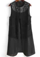 Romwe Black Contrast Pu Leather Rivet Tassel Blouse