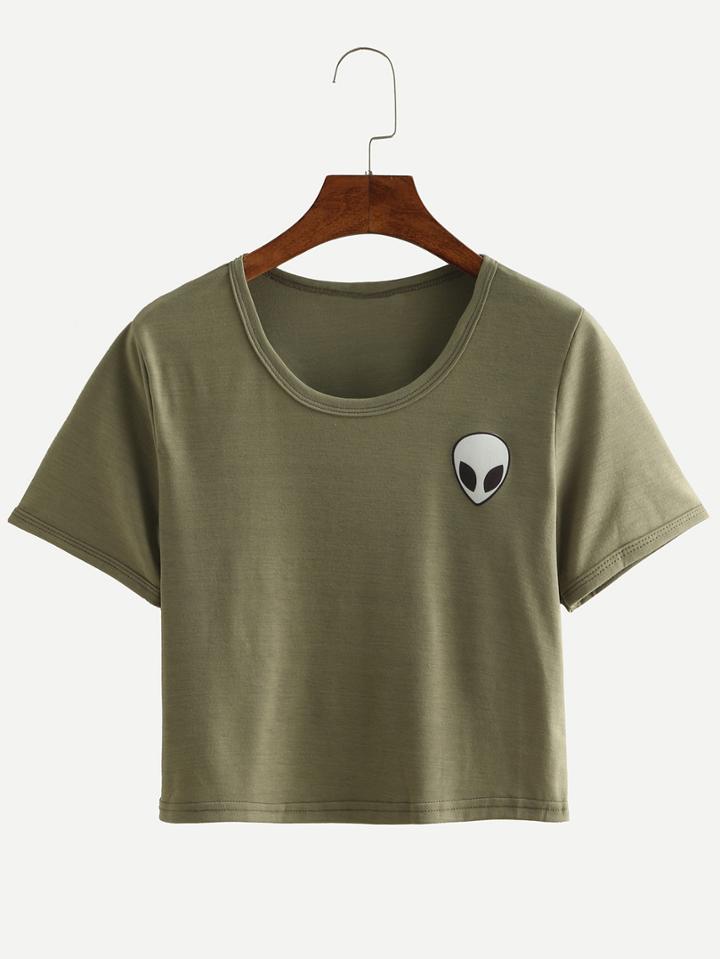 Romwe Alien Print Crop T-shirt - Olive Green