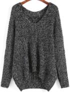 Romwe Dark Grey V Neck Dip Hem Sweater