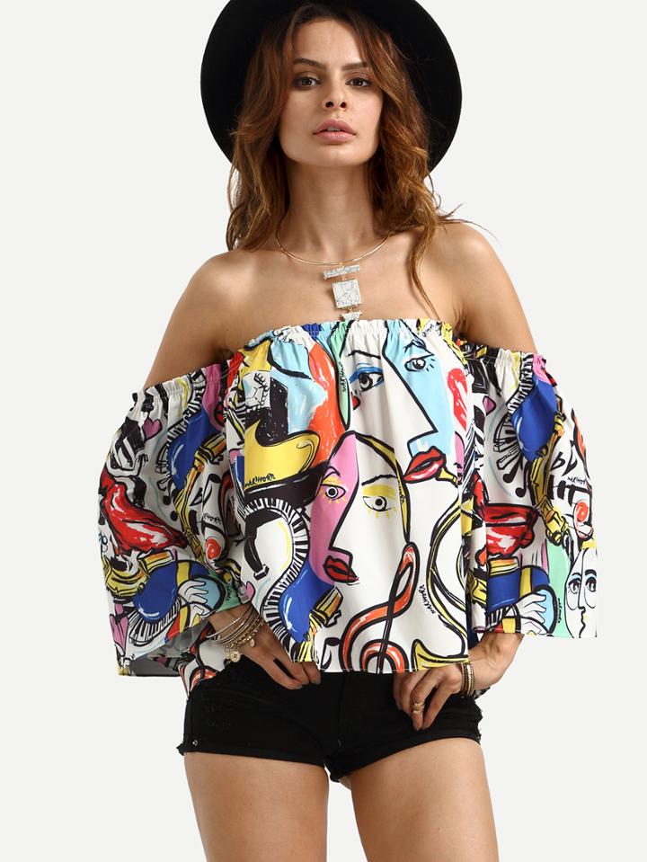 Romwe Off The Shoulder Graffiti Print Crop Top