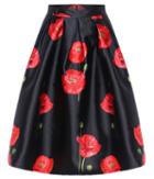 Romwe Floral Print Midi Flare Black Skirt