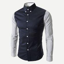 Romwe Men Contrast Striped Sleeve Button Down Collar Shirt