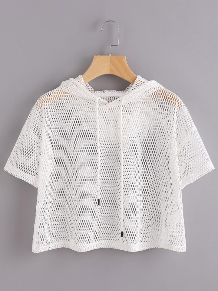 Romwe Drop Shoulder Crop Fishnet Hooded T-shirt