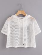 Romwe Drop Shoulder Crop Fishnet Hooded T-shirt