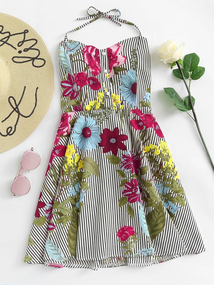 Romwe Floral Print Pleated Back Knot Halter Dress